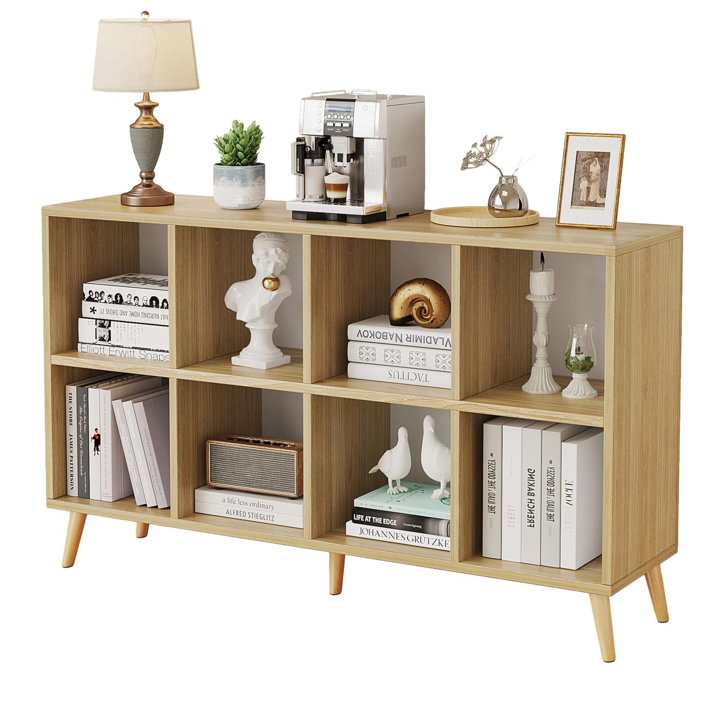 Flrrtenv 8-Cube Bookshelf 2 Tier Retro Bookcase with Legs, 120cm Wood Bookshelves Storage Organizer Shelf