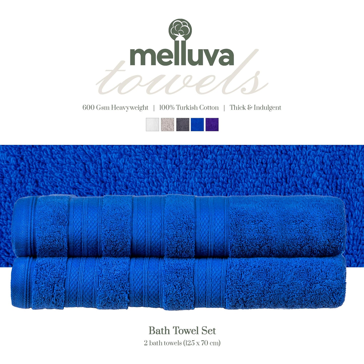 MELLUVA Bath Towels Set of 2 | 100% Turkish Cotton | 70 x 125 cm | Soft and Absorbent 600 GSM | Quick Dry Bathroom Shower Towels | Denim Blue