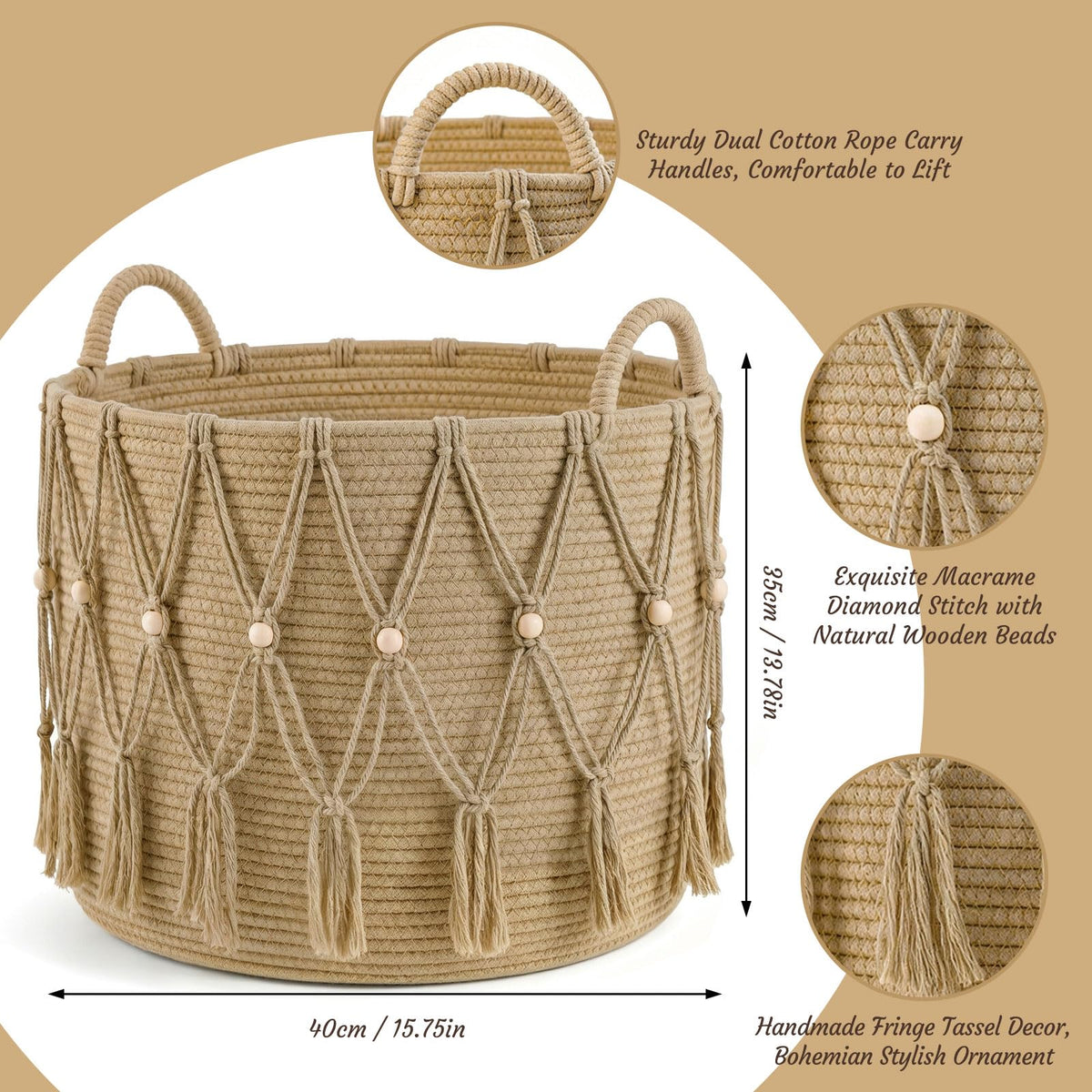 Large Woven Basket, 40x35cm Rope Basket, Large Cotton Rope Blanket Basket, Woven Storage Basket with Handle, Decorative Organiser Basket