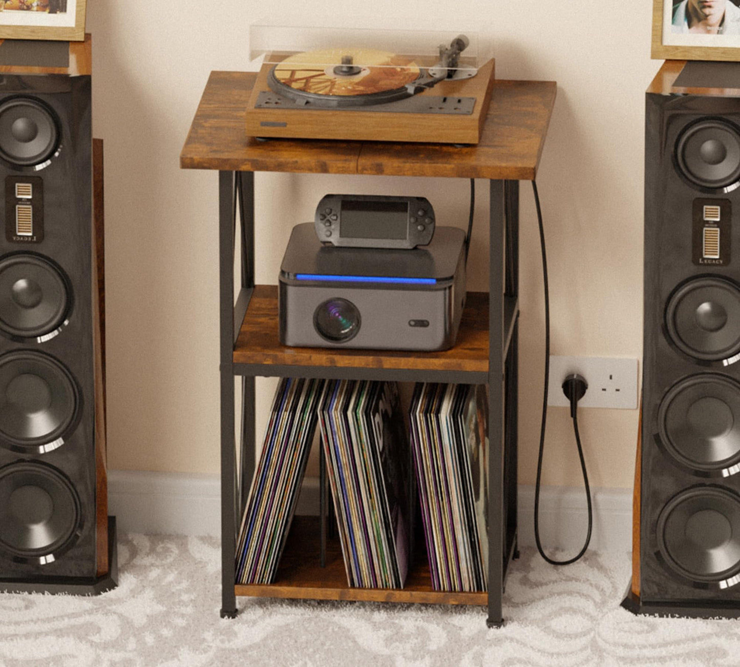 HFHOME 2025 Upgraded Extended Tabletop Record Player Stand with Charging Station, 3 Tier End Table with Vinyl Record Storage