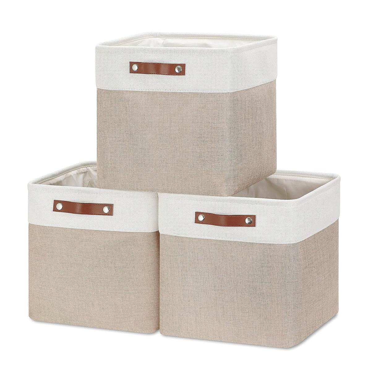 Mangata Collapsible Storage Cube Boxes, 30cm Cube Linen Woven Fabric Storage Baskets with Leather Handles 3pcs Light Khaki and White