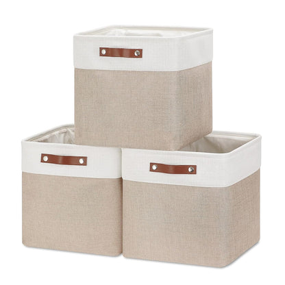 Mangata Collapsible Storage Cube Boxes, 30cm Cube Linen Woven Fabric Storage Baskets with Leather Handles 3pcs Light Khaki and White