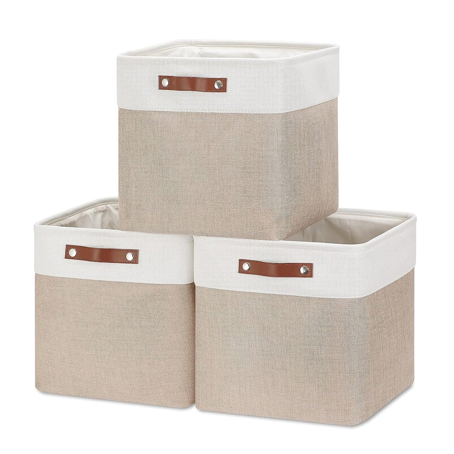 Mangata Collapsible Storage Cube Boxes, Linen Woven Fabric Storage Baskets, Cube Closet Organizer with Leather Handles (Light Khaki and White)