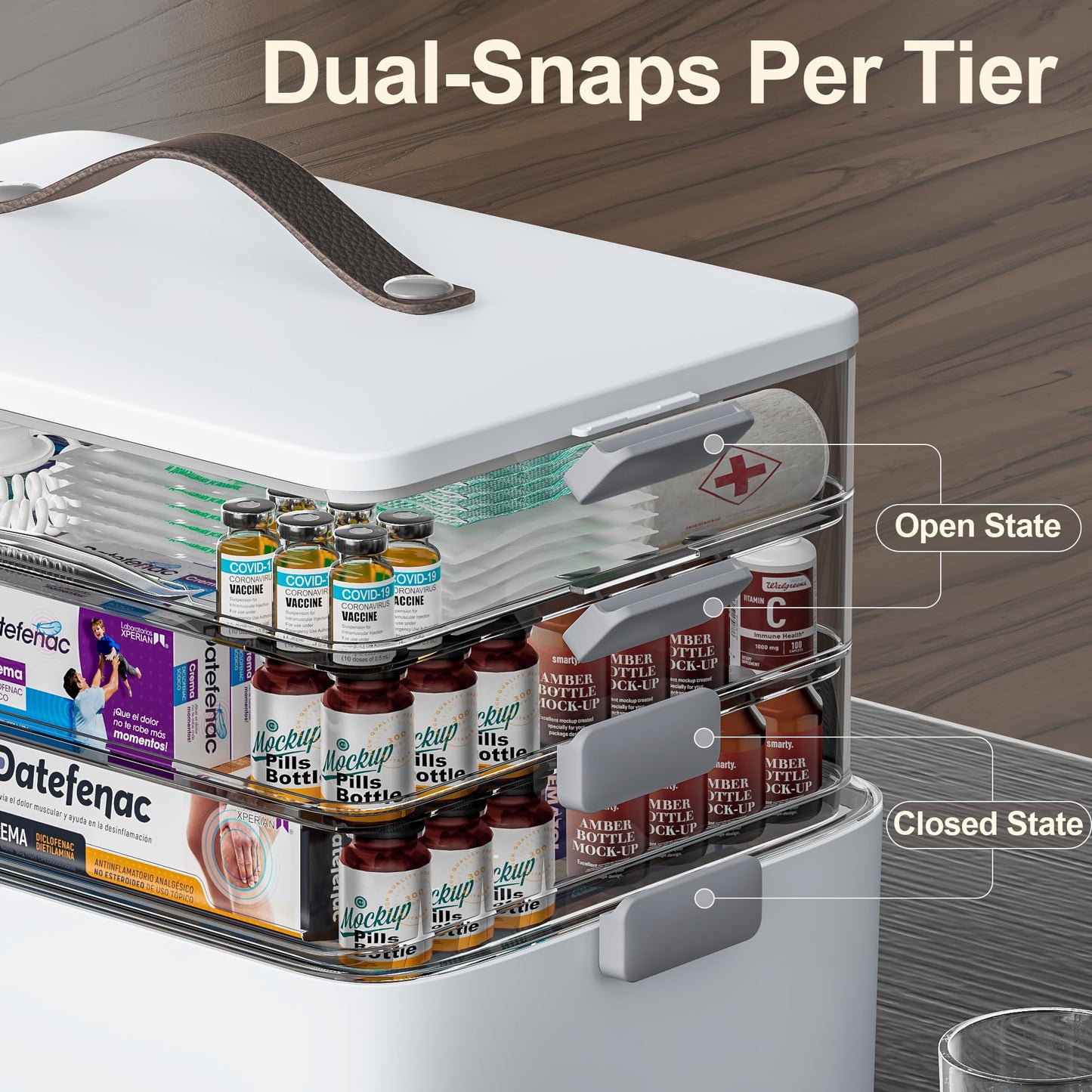CTIME Extra Large 4 -Tier Medication Organizer - Portable with Leather Handle, Ideal for Household and Travel 14.6 x 9.6 x 12. 6 in Family First Aid