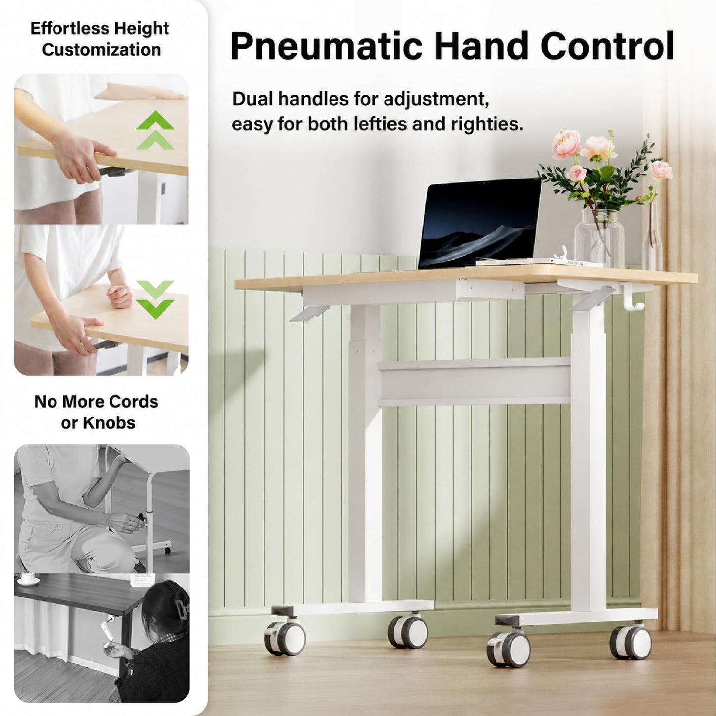 Mobile Standing Desk, Pneumatic Height Adjustable Desk, Light wood