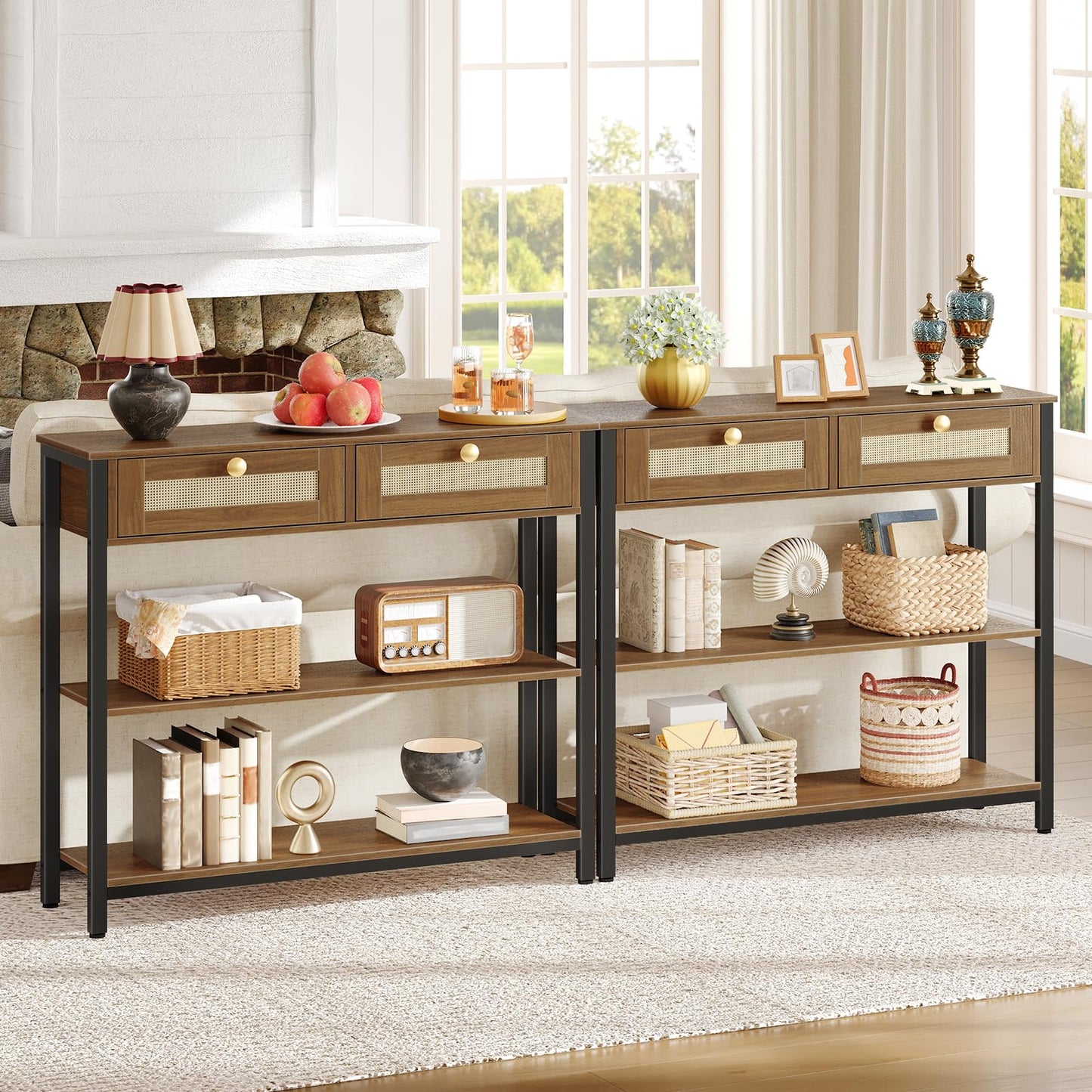 HOOBRO Rattan-Like Console Table, 3-Tier Hallway Table with 2 Flip-Down Drawers and Storage Shelves, 80 cm, Open and Hidden Storage Space
