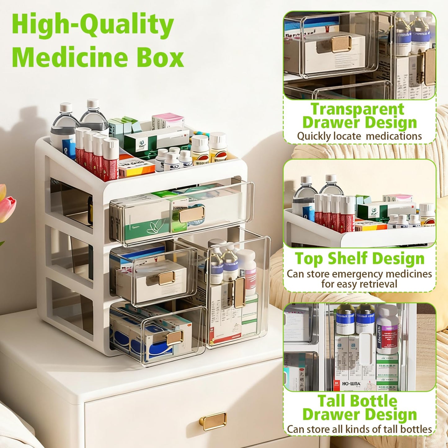 Ruiqas Stackable Medicine Storage Box with 4 Clear Drawers
