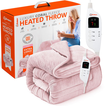 Warmer Electric Heated Throw Blanket - Digital Controller - 9 Hour Timer, 9 Heat Settings, Auto Shutoff, Detachable Controller - Machine Washable -