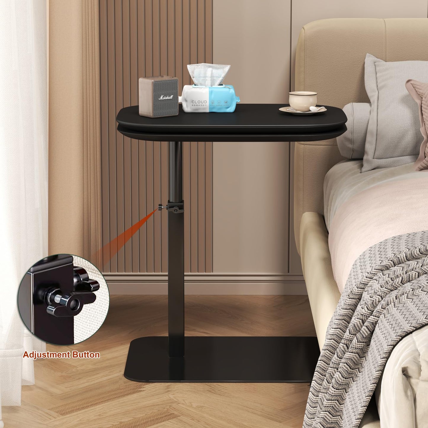 Adjustable Height C Shaped Side Table, 360°Swivel Bedside Table, Double Tabletop Laptop TV Tray Table Narrow End Table for Sofa/Bed