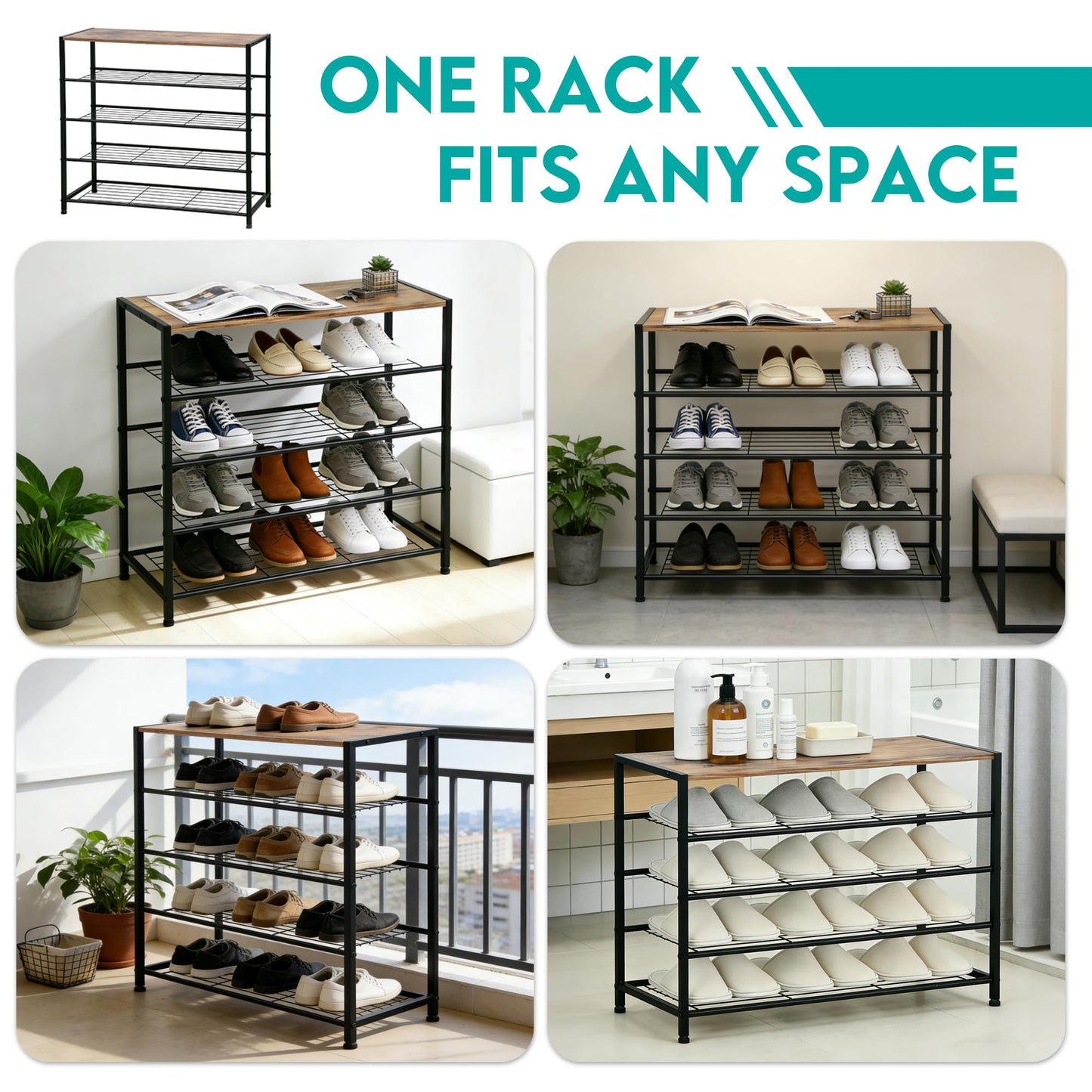 ZOESTORAGE Shoe Rack,5 Tier Shoe Racks for 16 Pairs,Metal Shoe Rack With Wooden Seat for Hallway, Entryway, Living Room,60 x 30 x 85cm,Rustic Brown