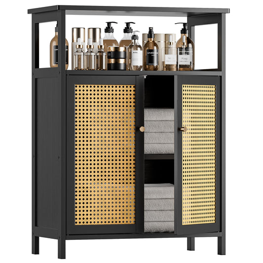 HITNET Bamboo Floor Cabinet, Bathroom Storage Cabinet with 2 Rattan Doors and Shelves, Freestanding Kitchen Cupboard Space Saving Home Decor, Black