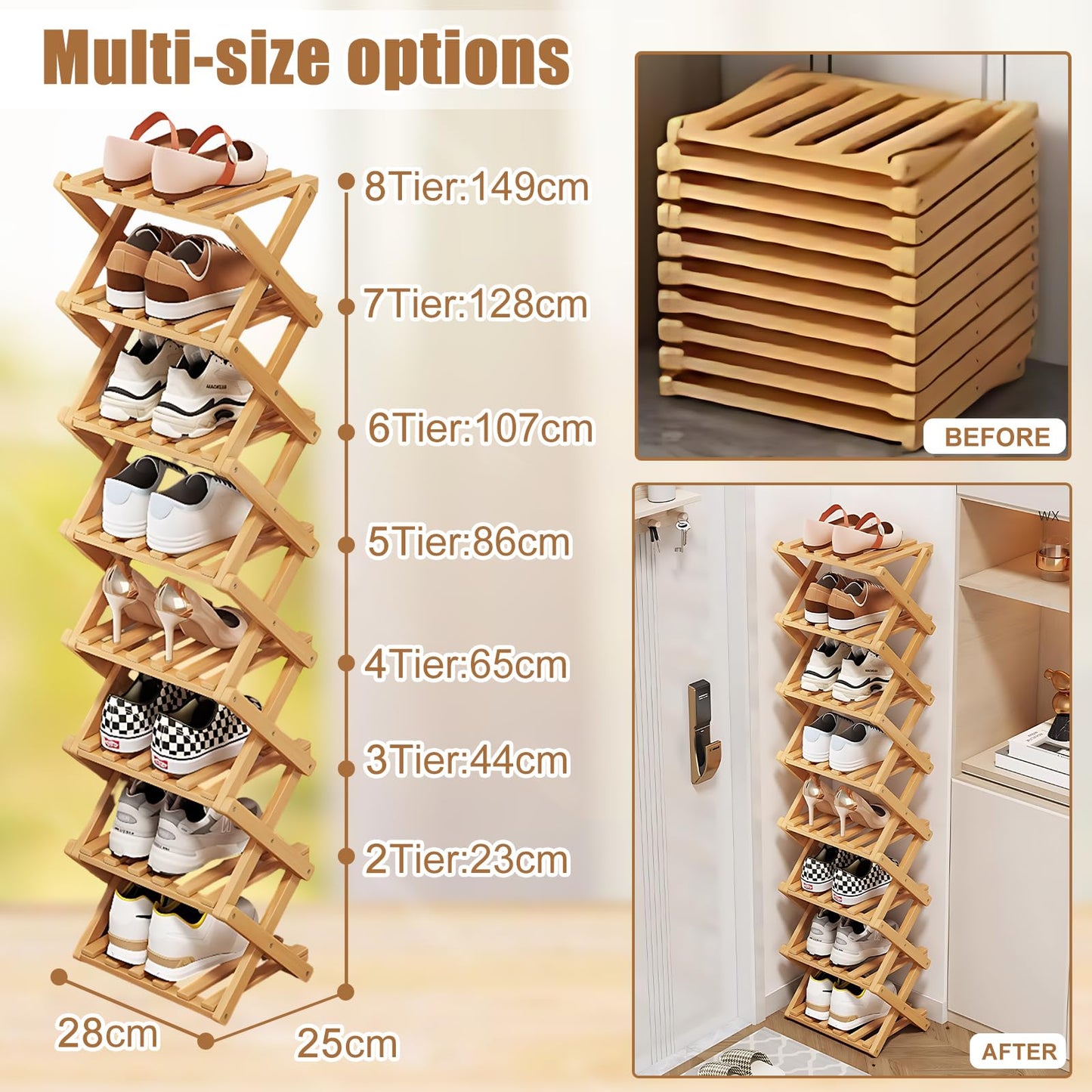 Kiss Me 8-Tier Bamboo Foldable Shoe Rack Vertical Narrow