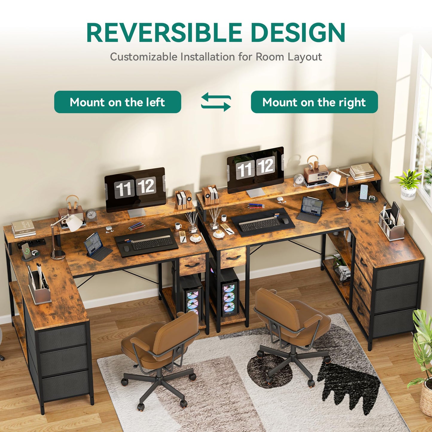 YITAHOME L Shaped Computer Desk with Drawers Power Outlet 140cm Brown