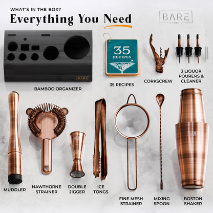 BARE BARREL Cocktail Making Kit | 14-Piece Bartender Kit Cocktail Shaker Set Maker | Bamboo Display Stand & 35 Recipe Cards | Mixology Cocktail Gift