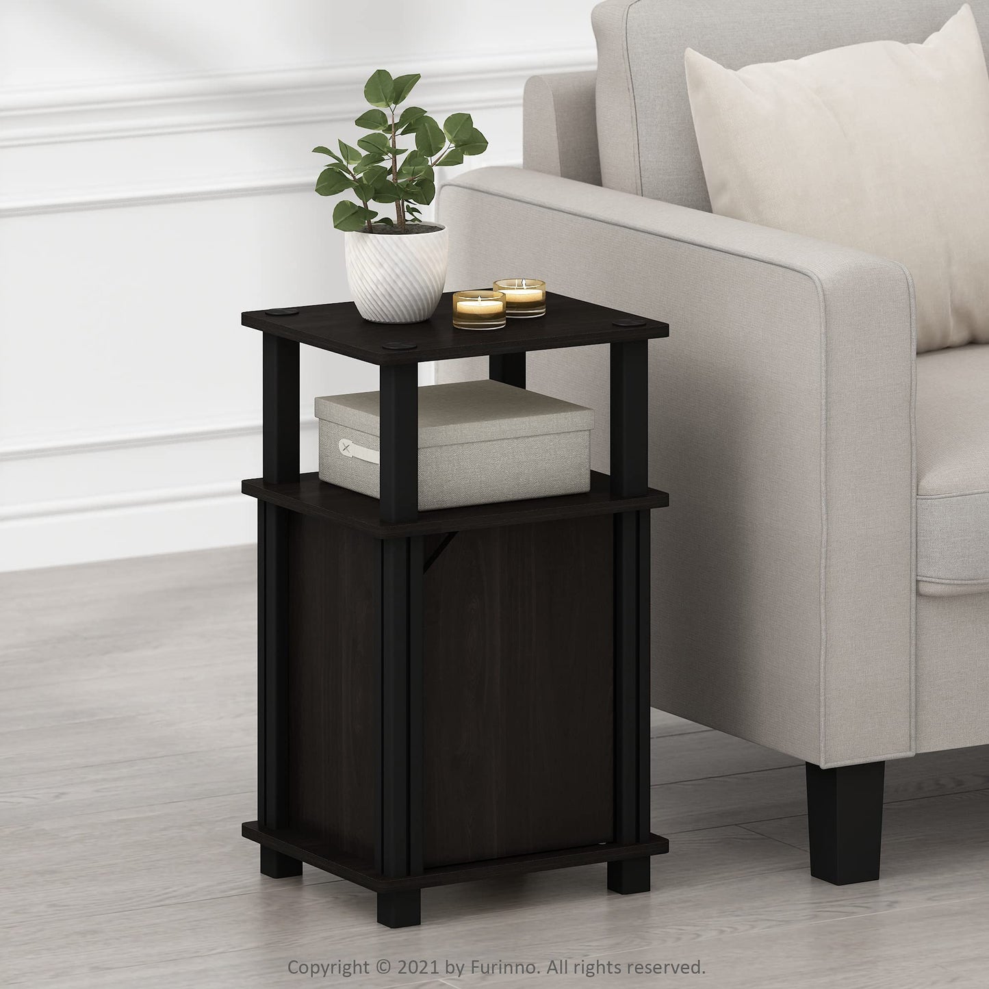 Furinno JUST Side Table, 3-Tier End Table with Door Cabinet, Night Stand, Bedside Table with Open Shelf, for Living Room, Bedroom, Espresso