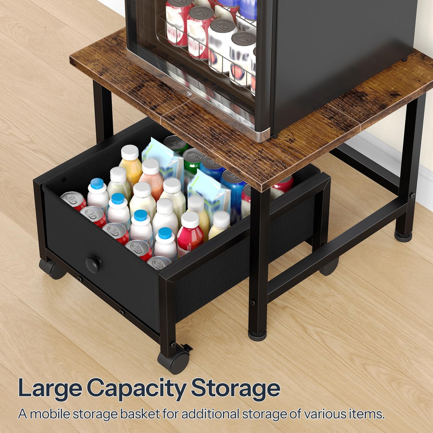HOOBRO Mini Fridge Stand with Storage Basket and Power Outlet, Mini Fridge Cabinet with Wheels and Adjustable Feet, Mobile Fridge Shelf, for Home