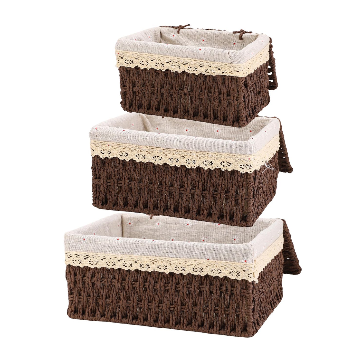 MEKOTRIN Set of 3 Storage Baskets with Lids, Paper Rope Woven Storage Baskets, Boho Decor Handmade Hamper Baskets with Removable Lining for Shelves