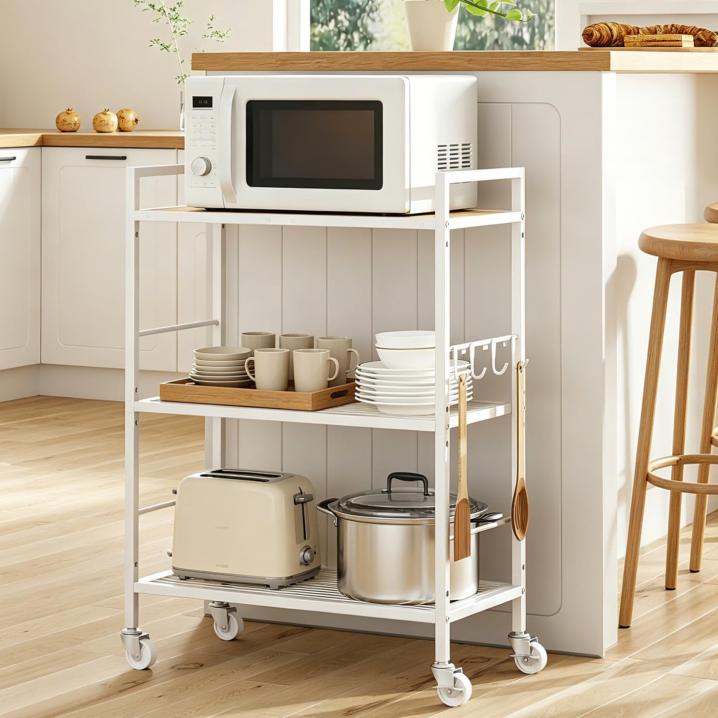 3-Tier kitchen trolley,Oak Wood Top,60W×30Dcm,4 Hooks, Adjustable Shelves