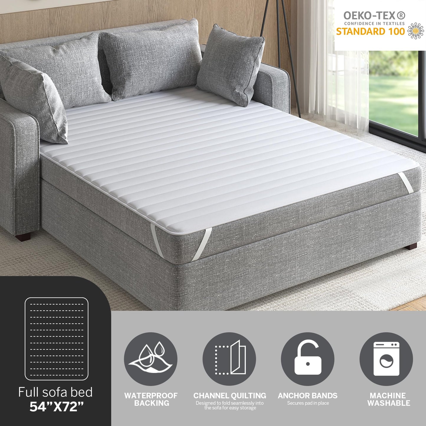 Madison Park Essentials Frisco Waterproof Sofa Bed Mattress Pad, Microfiber - All Over Elastic Mattress Protection Cover, Full 54x72", White