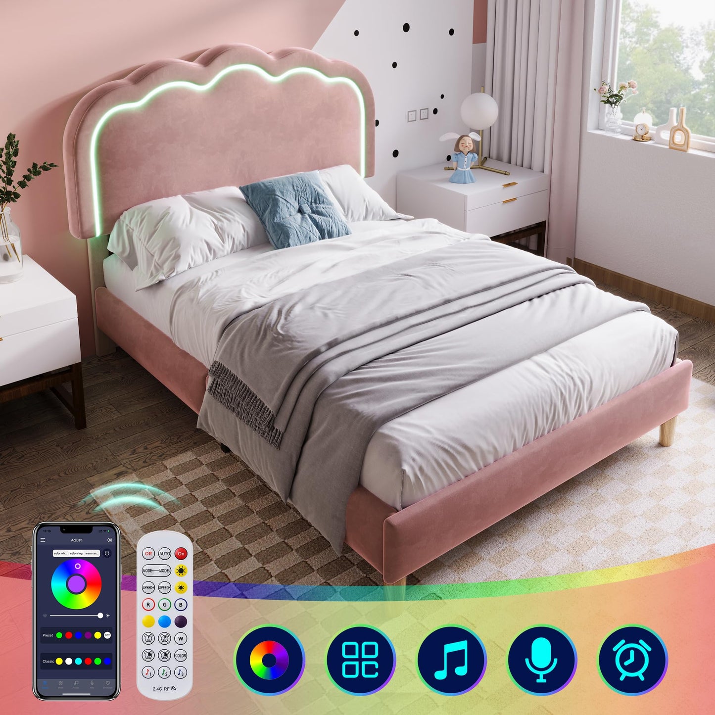 Merax Single bed frame, 3ft Single Upholstered Bed, Adjustable Height Puff Shaped LED Headboard, Sturdy Wooden Slat Support, Velvet Fabric