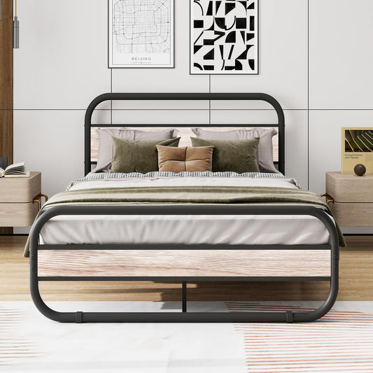 HOMERECOMMEND Double Bed Frame with Headboard,Oval-Shaped Platform Bed with Under-Bed Storage,Steel Slats Mattress Foundation Round Pipe Design Bed