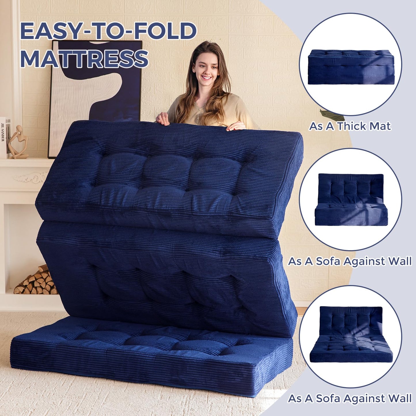 MAXYOYO Folding Mattress, Comfy Corduroy Foldable Mattress with 15cm Thicken Foam, Tri-Fold Floor Futon Sofa Bed for Guest,Dark blue,Double