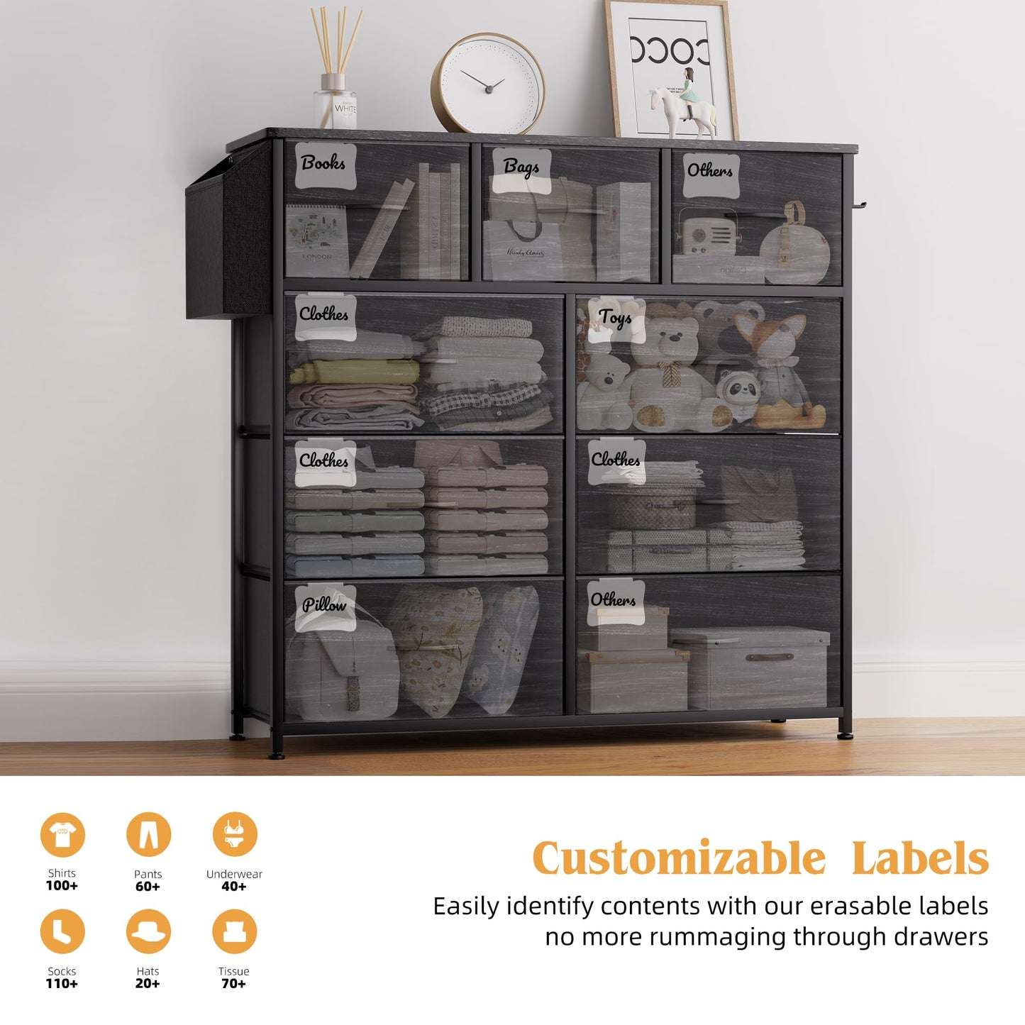 PURFINO Fabric Chest of Drawers - Canvas Storage Unit with 9 Drawers, Label Cards, Side Pocket & Hook for Living Room, Hallway, Bedroom