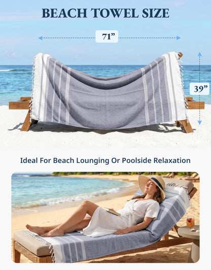 LANE LINEN Beach Towel 2 Pack - Cotton Rich Beach Towels Oversized, Pre-Washed Large Beach Towels, Sandless Beach Towel, Quick Dry Travel Towel