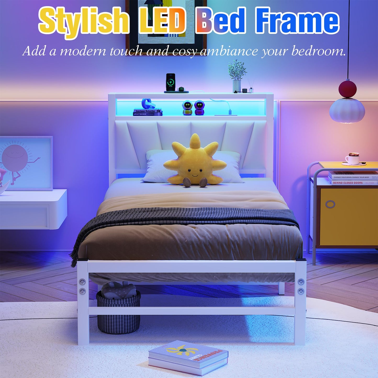 BORPHOM White Single Bed Frames with Storage Upholstered Headboard Shelf,Heavy Duty Metal Single Bed with LED Lights and Charging Station,Strong