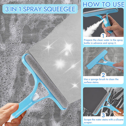 Shower Screen Wiper with Spray, 3 in 1 Window Glass Screen Cleaner Brush, Window Cleaning Kit, for Bathroom, Mirror and Car Glass blue