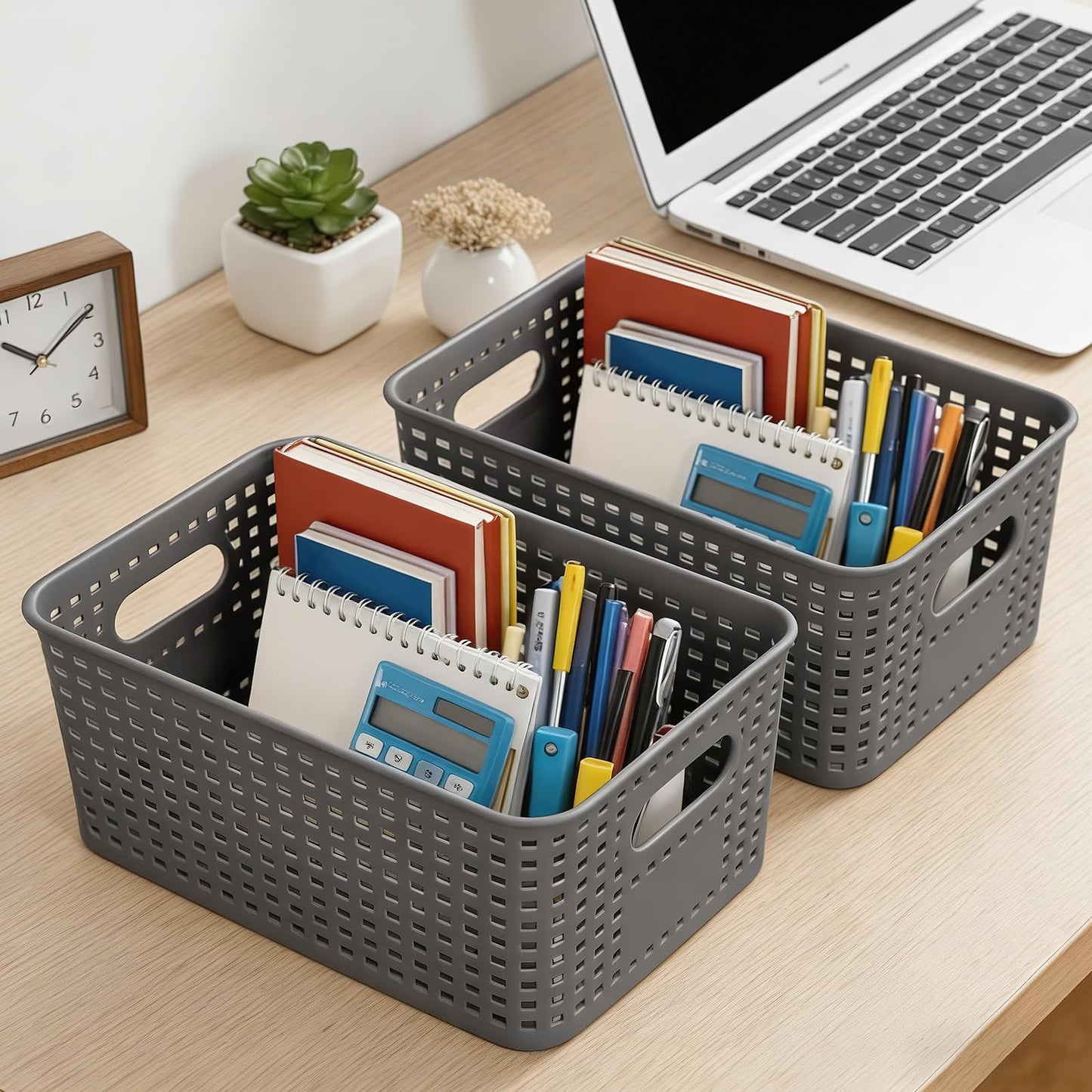 Xaztr 8 Pack Plastic Storage Basket with Lids, Stackable Storage Bins Containers, Decorative Storage Boxes Bulk for Organizing Shelves, Bathroom