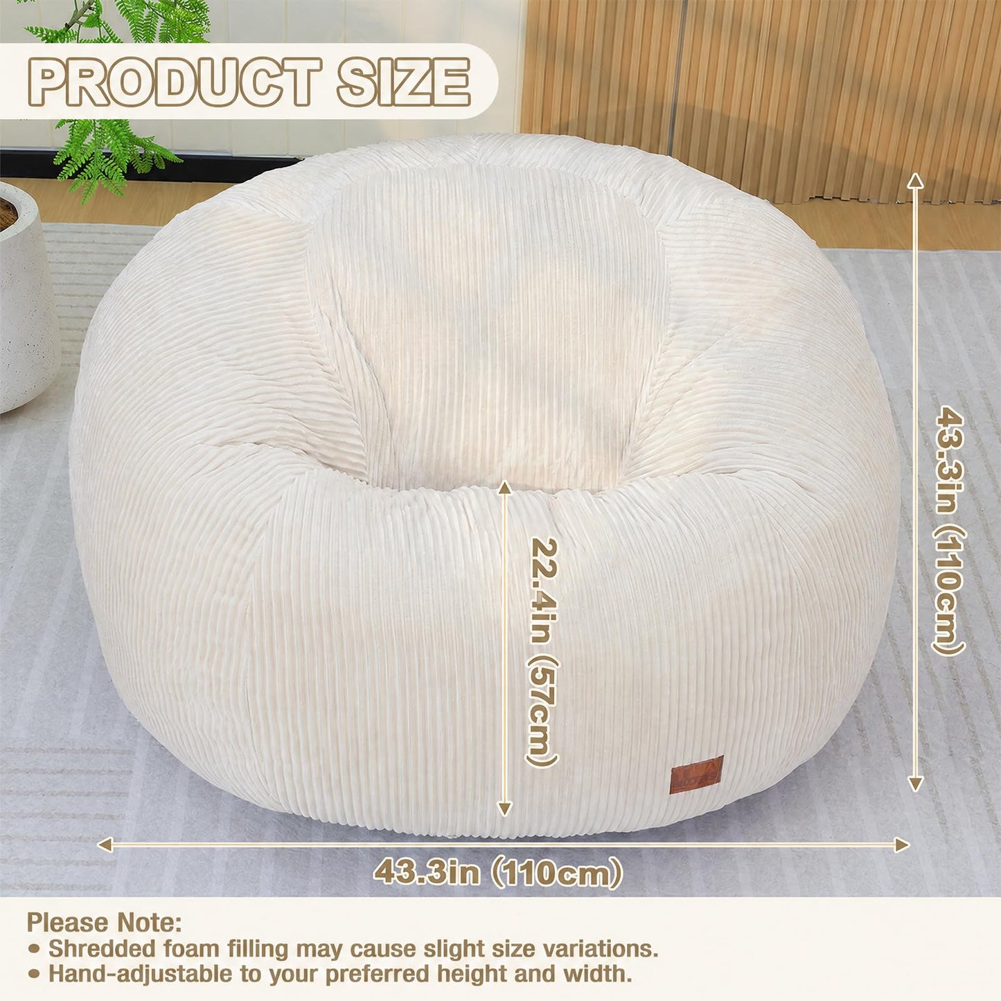 UODERS Oval Bean Bag for Adults Kids & Teens, Large Bean Bag Chair with Corduroy Cover with Handle