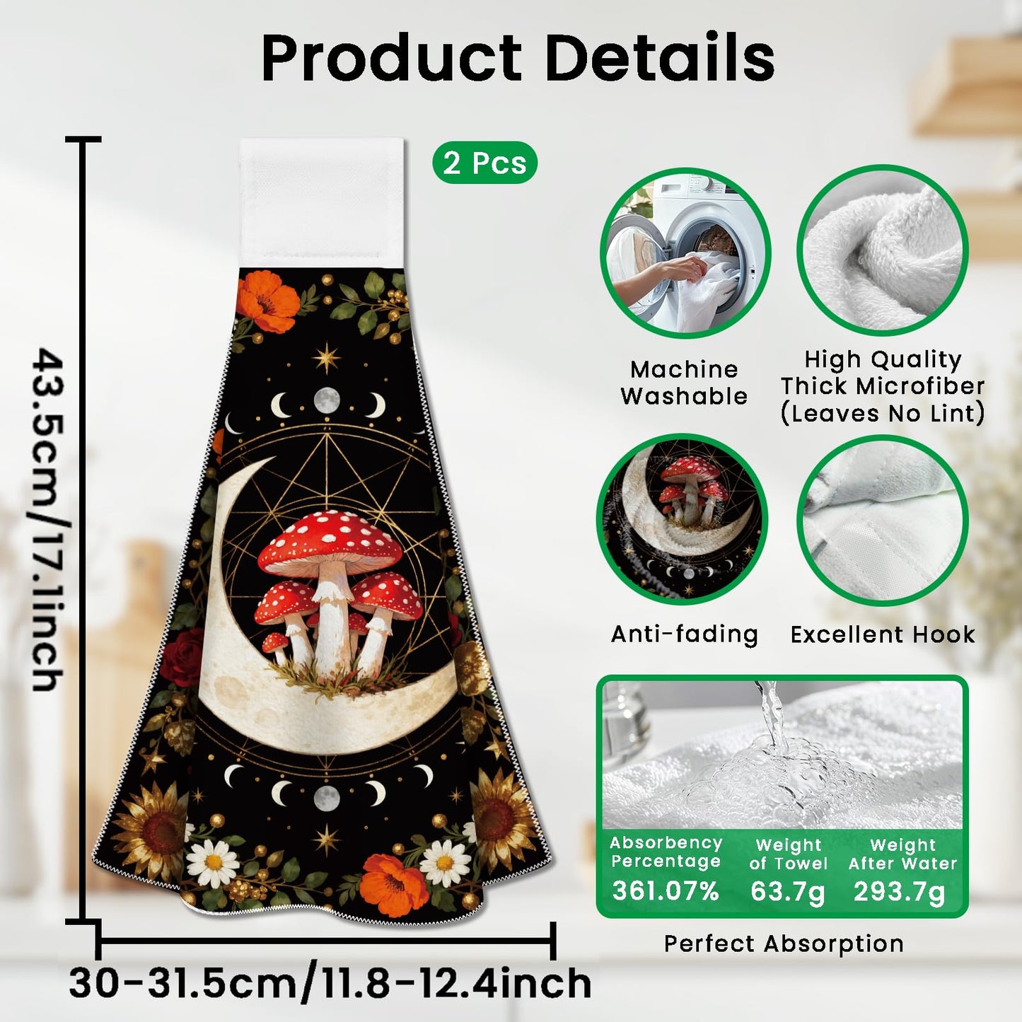 CUTHOLLOW 2 Pcs Mysterious Moon and Mushroom Hanging Kitchen Towels with Loop