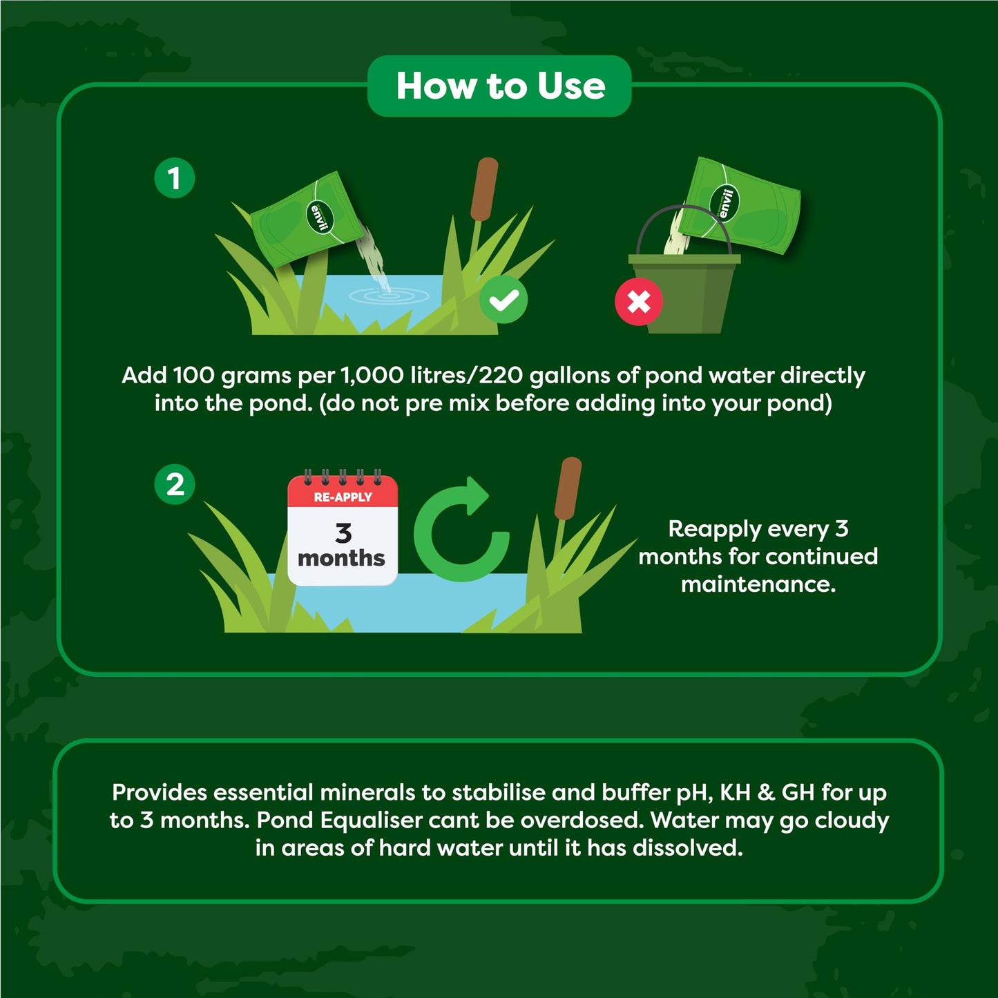 envii Pond Equaliser ? Pond pH Buffer Instantly Balances, and Stabilises pH, KH and GH Levels, Pond Ammonia Remover, Works All Year Round Through