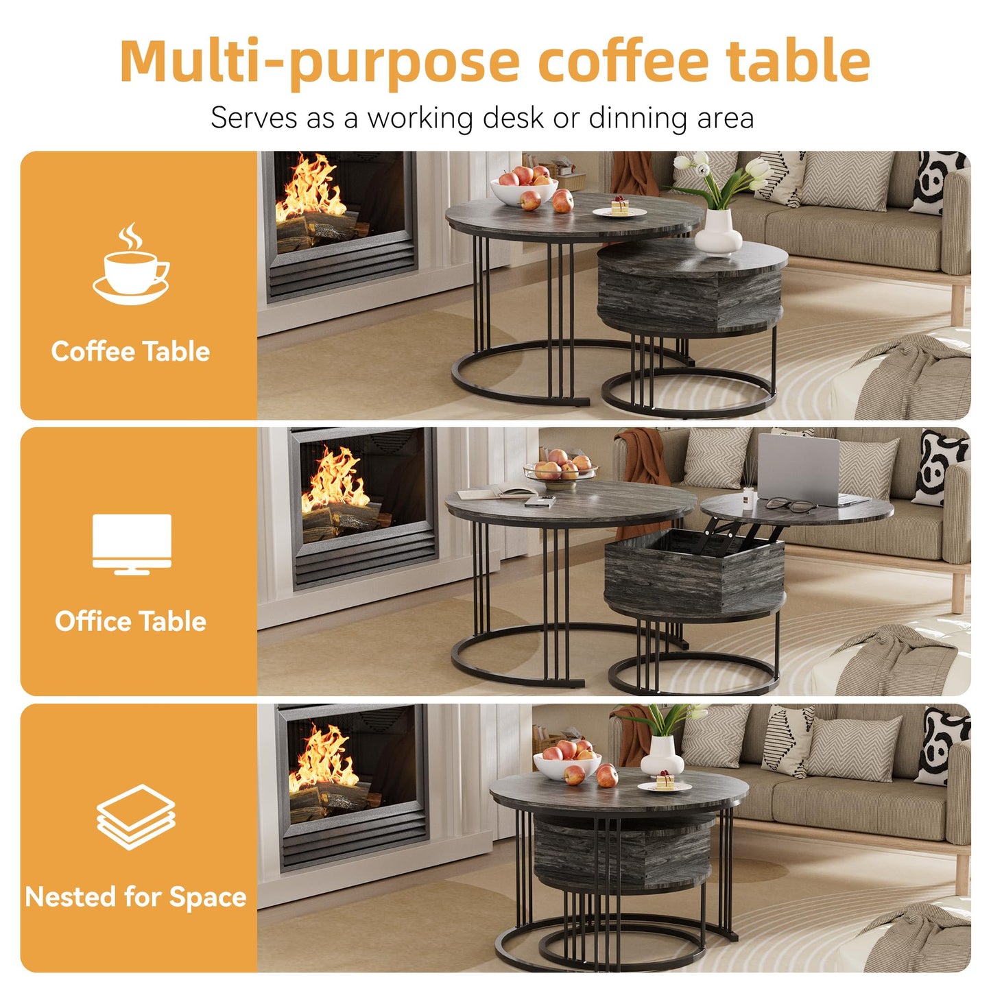 PURFINO Round Coffee Table - 70cm/50cm Nesting Tables Set of 2, Hydraulic Lift-Top with Hidden Storage, Centre Table for Living Room, Small Space
