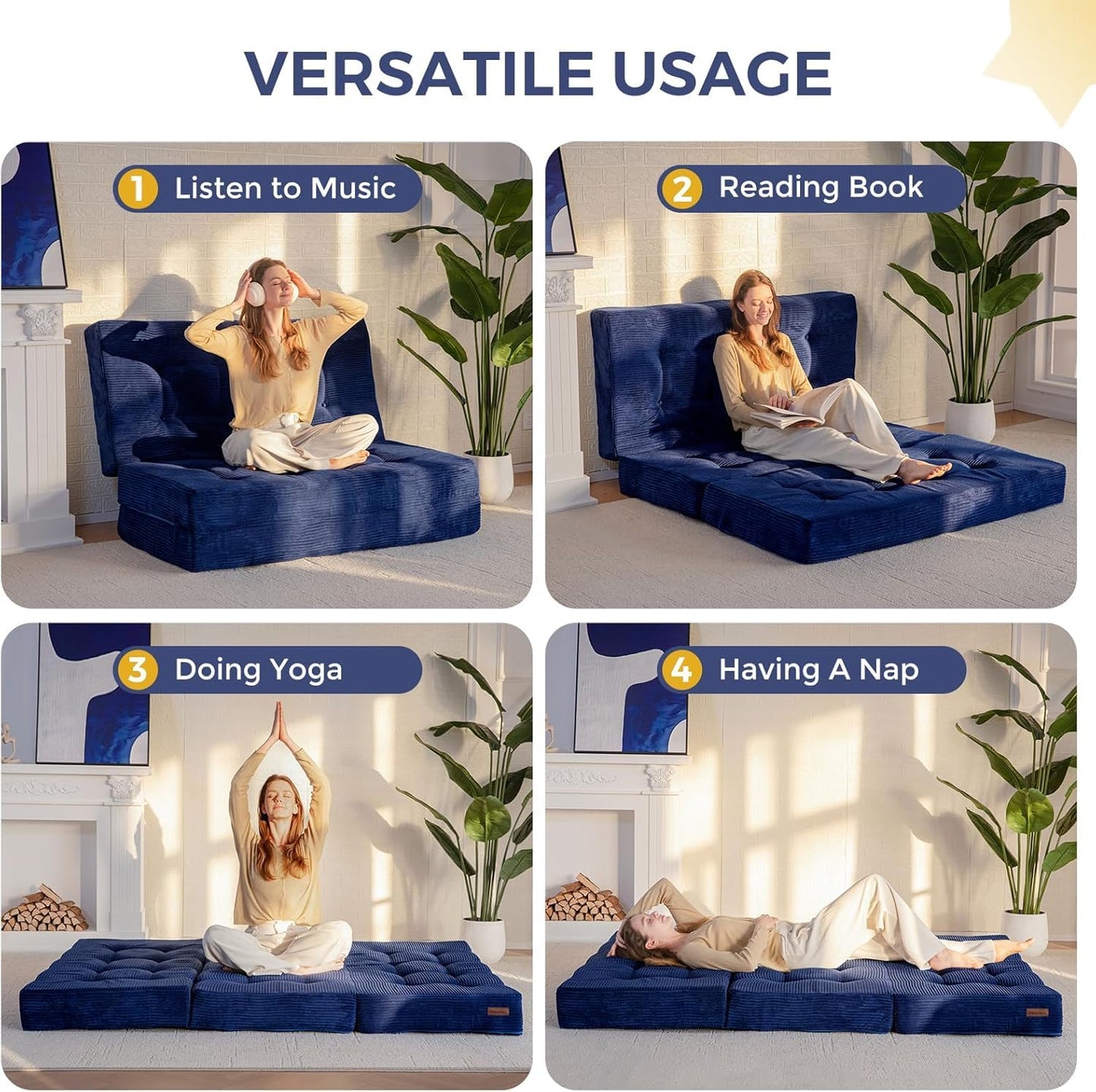 MAXYOYO Folding Mattress, Comfy Corduroy Foldable Mattress with 15cm Thicken Foam, Tri-Fold Floor Futon Sofa Bed for Guest,Dark blue,Single