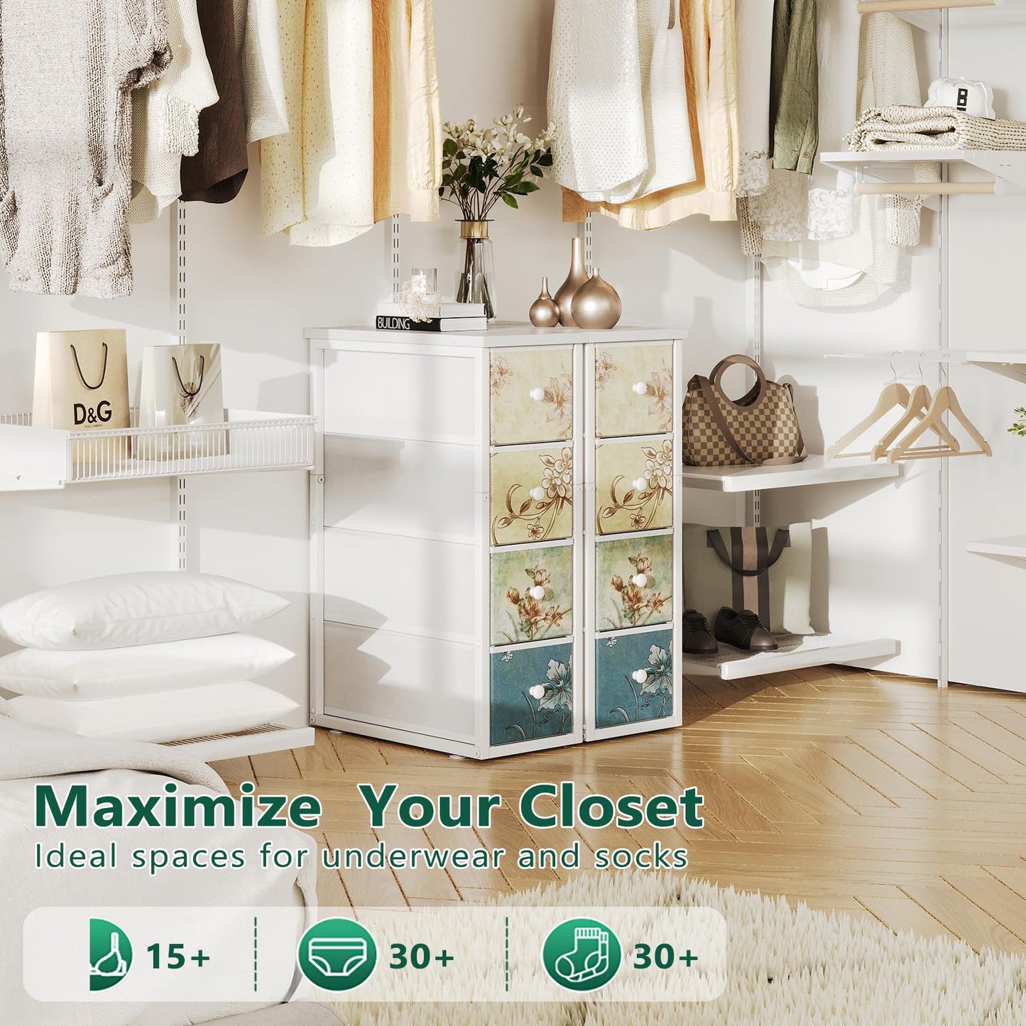 COTUBLR Chest of Drawers with 4 Drawers Tall Dresser for Bedroom Retro Floral Pattern Clothes Storage Organiser Unit for Living Room Entryway Closet