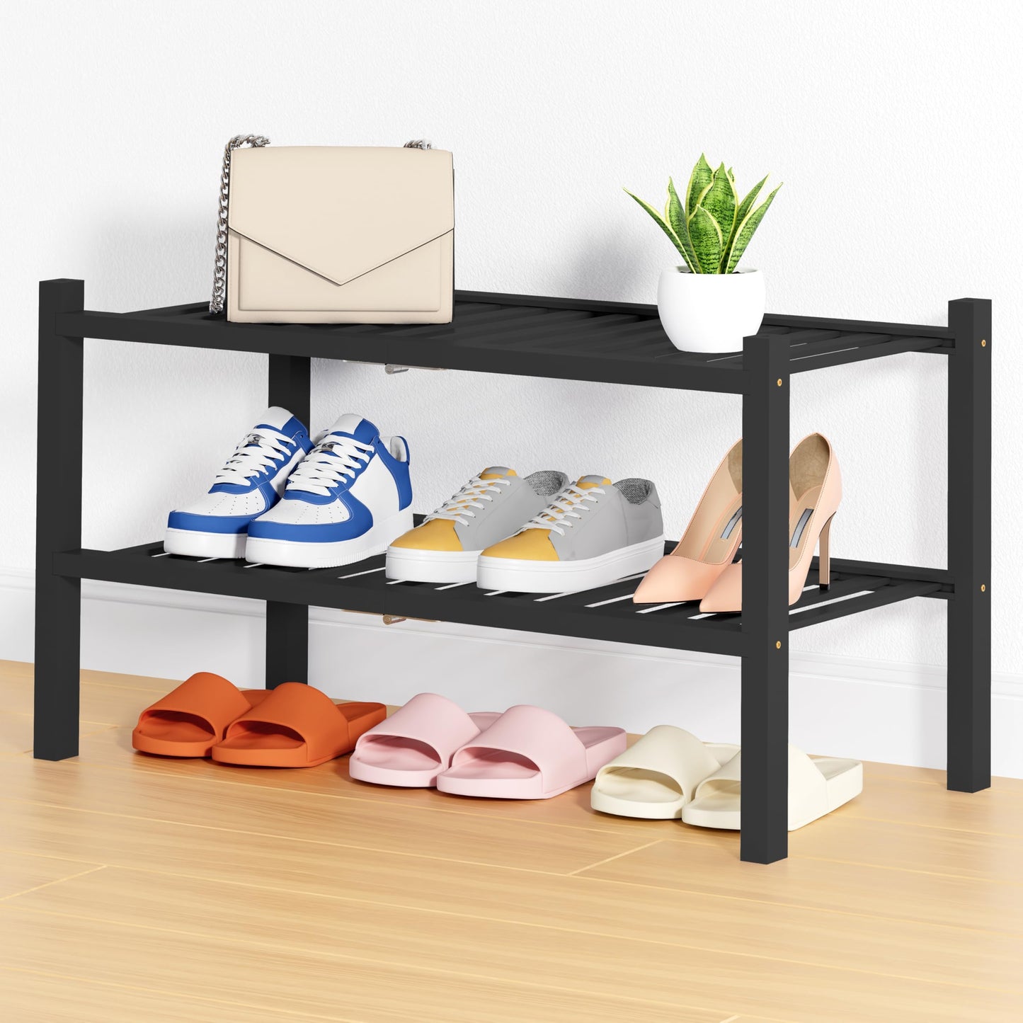 smiry Shoe Rack, 2 Tier Bamboo Shoe Organizer, Stackable Free Standing Wooden Shoe Storage Shelf for Entryway, Front Door Entrance, Black