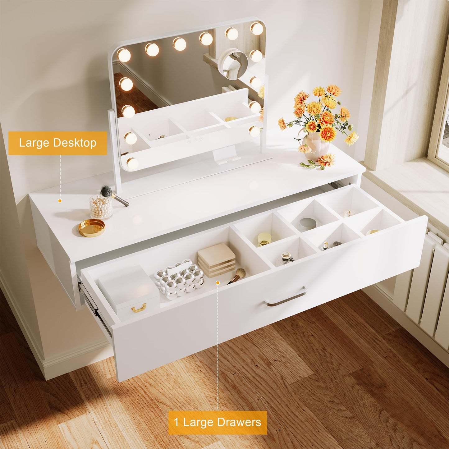 ELEGANT Wall Mounted Dressing Table with Mirror and Adjustable LED Bulbs, White Floating Shelf with Partition Storage