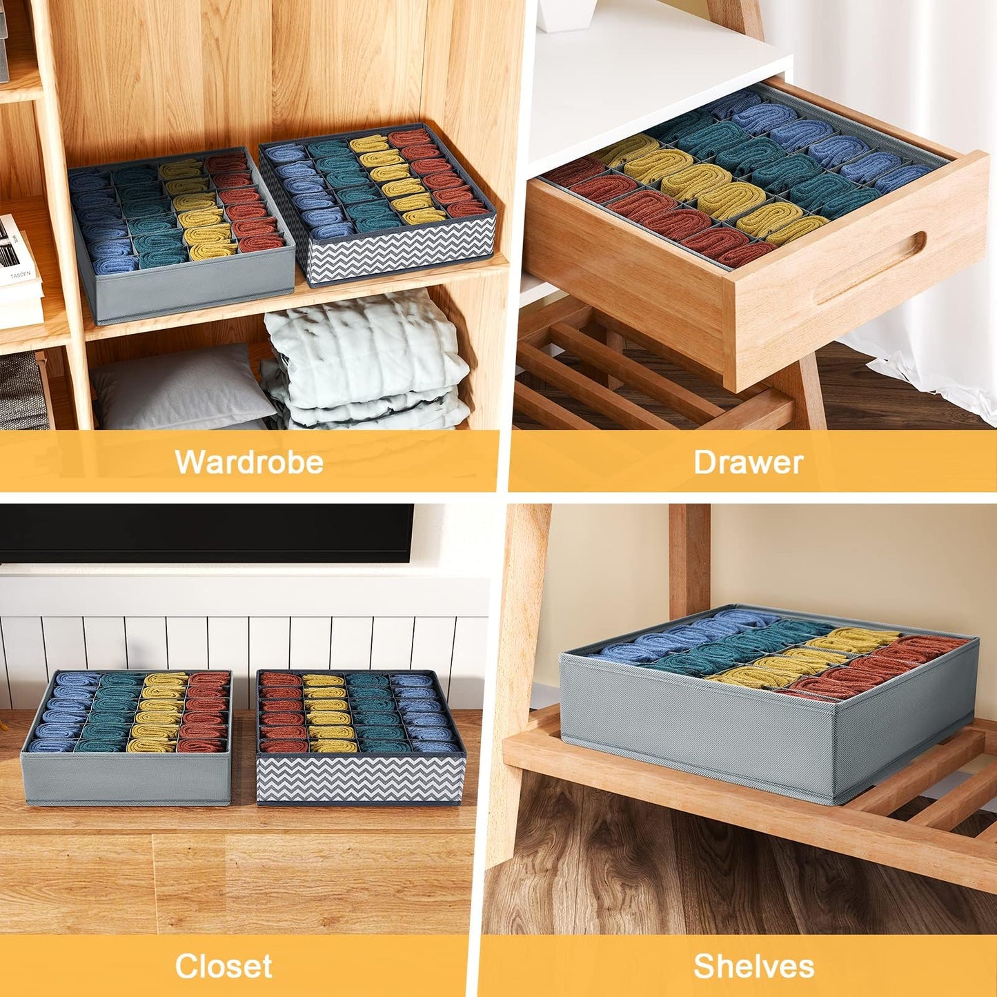 DIMJ 2 Pack Drawer Organisers 24 Cells Sock Organiser Foldable Underwear Drawer Organiser Fabric Drawer Divider Wardrobe Storage Boxes for Socks