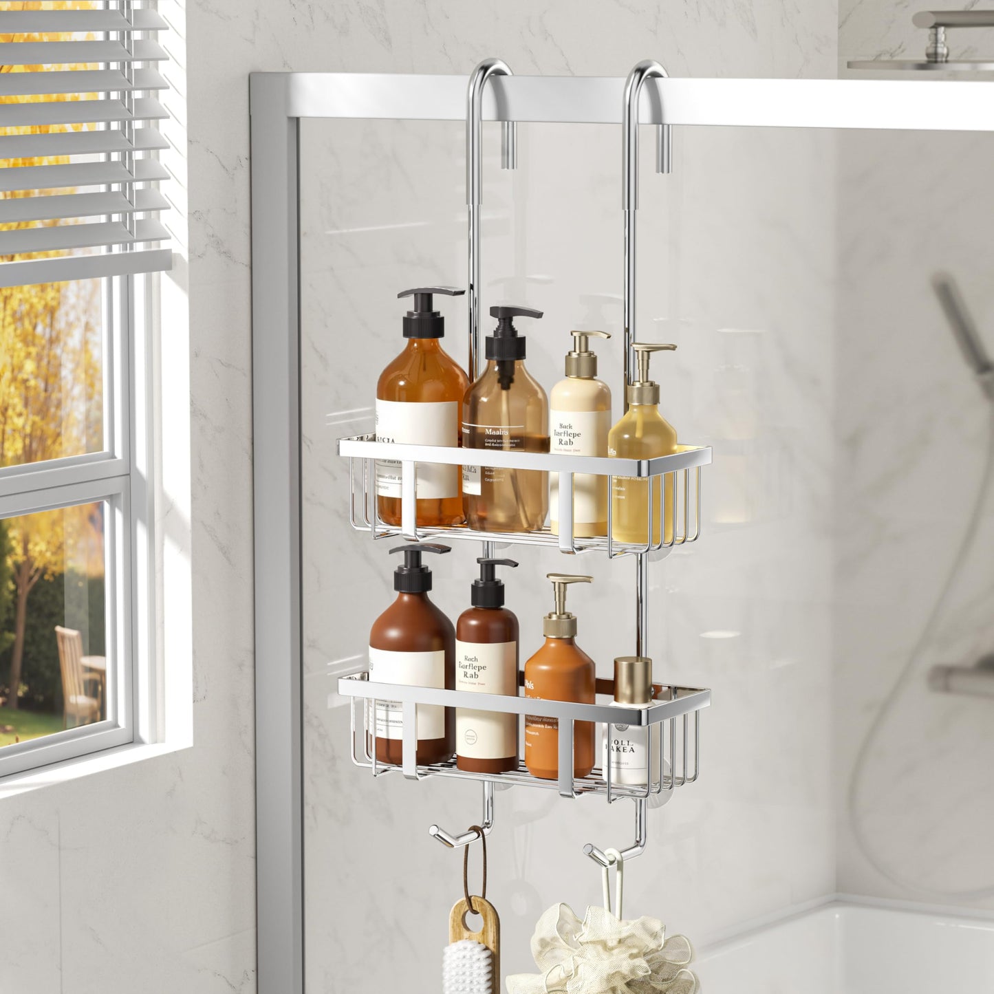 Josmimic Shower Caddy Hanging 2 Tier Over Door Drill Free Bathroom Shelf Shower Organiser, Silver Rustproof