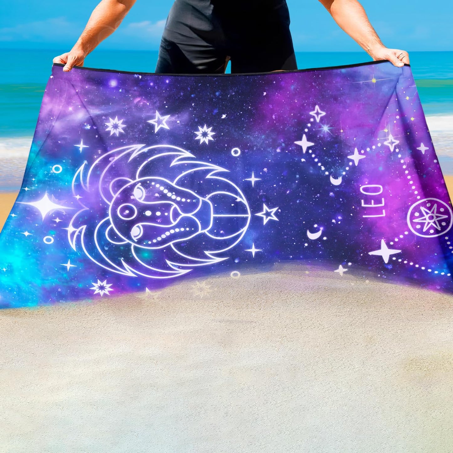 Violetpos Leo Zodiac Sign Beach Towel for Astrology Fans, Extra Large 180x90 cm 250GSM Microfibre, Sand Free Quick Dry