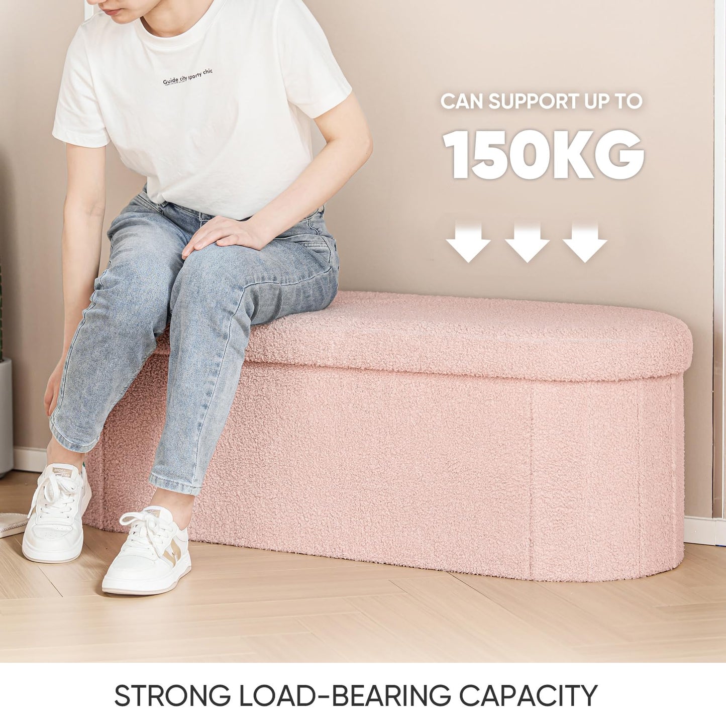 Bonlife Ottoman Storage Bench,Folding Boucle Footstool Oval, End of Bed Stool, Ideal for Living Room, Bedroom, 100L Storage Space,Pink,110x38x38cm