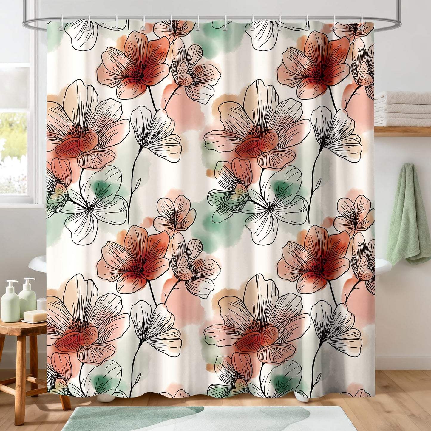 Hopomoon Watercolour Floral Shower Curtain, Waterproof Polyester Bath Curtain, Botanical Print Decorative Boho Abstract Art Shower Curtain with 12