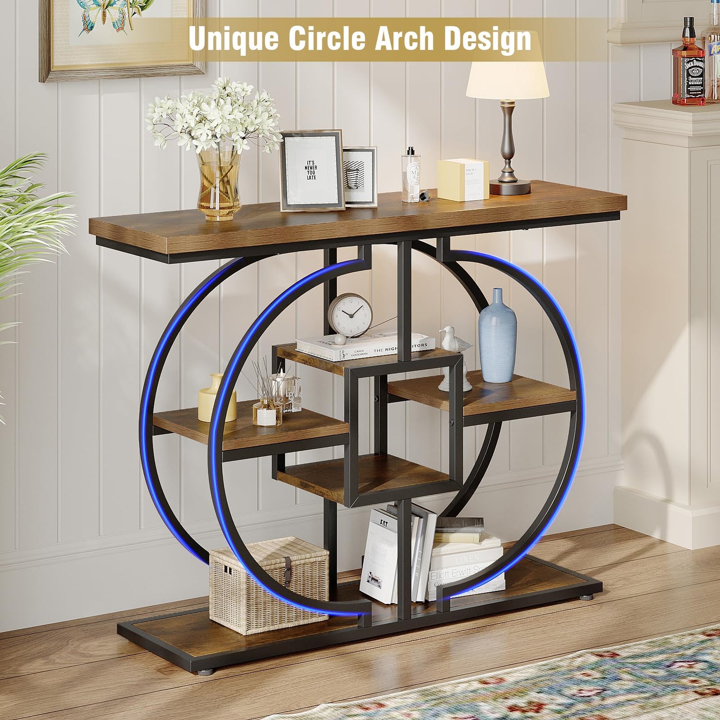 Trironsun Narrow Console Table for Hallway 4-Tier Rustic Sofa Table with Circle Metal Base Industrial Wooden Entryway Table with Storage Shelves for