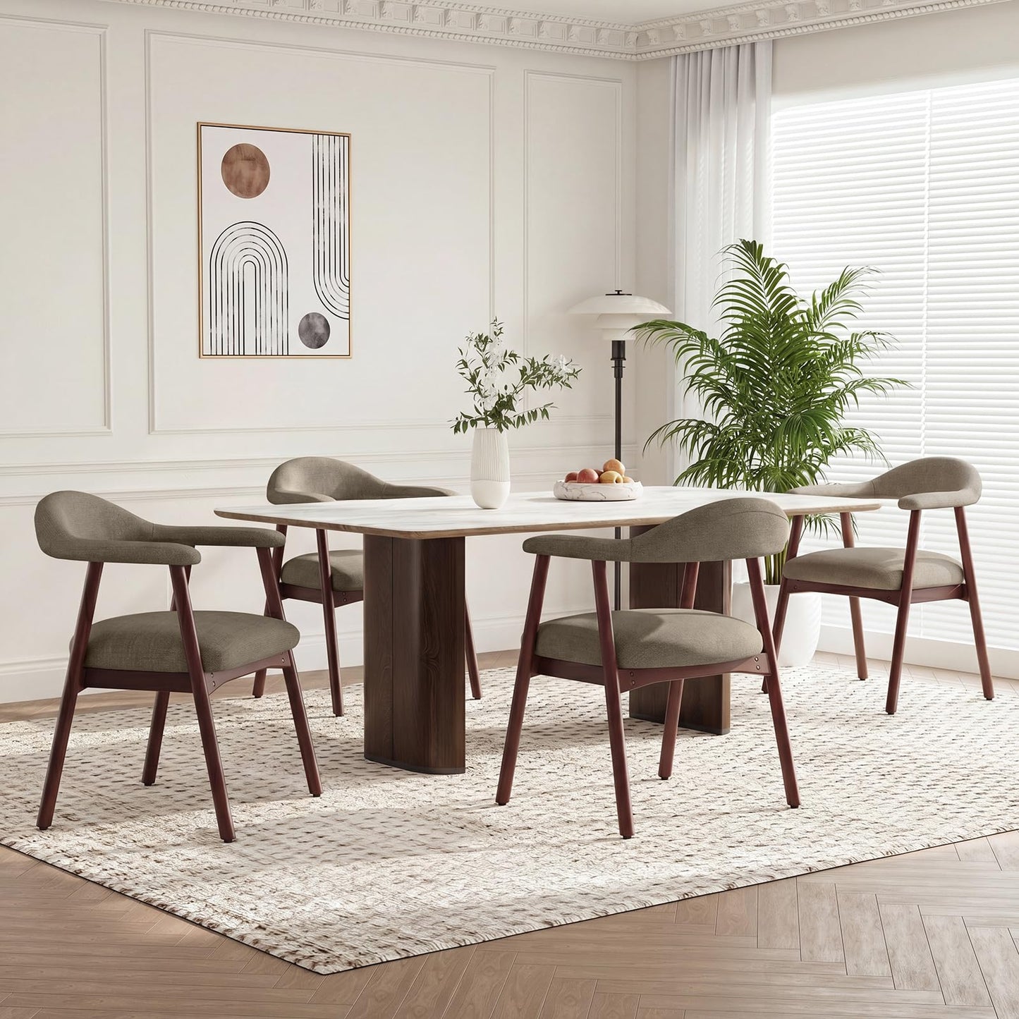 MALOL Wooden Dining Chairs Set of 4, Fabric Chairs for Dining Room with Armrest, Upholstered Kitchen Chairs with Curved Back and Wood Legs for Dining