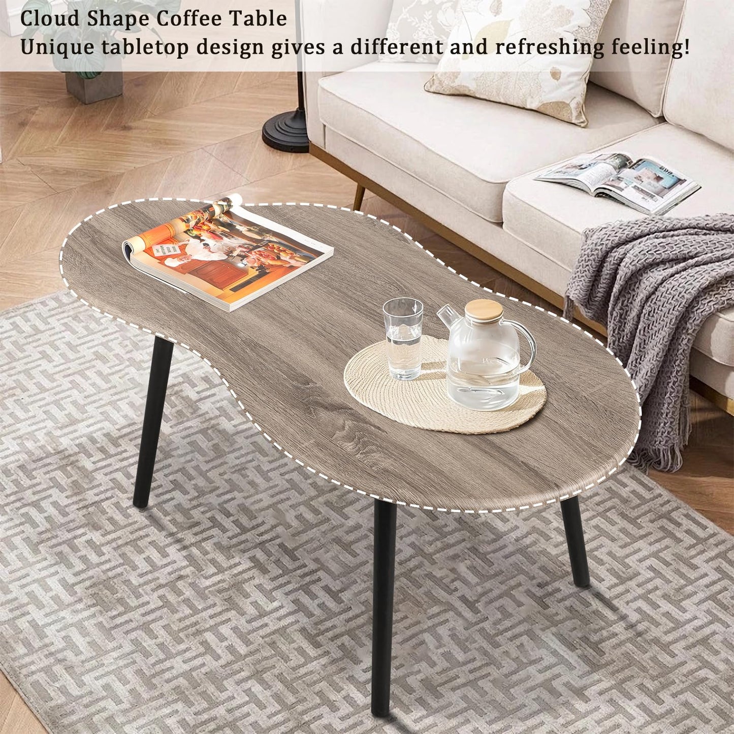 FEUFOAM Coffee Table Cloud Shaped Small Living Room Tables Farmhouse Rustic Coffee Tables Wooden Irregular Accent Center Table for Small Spaces Home
