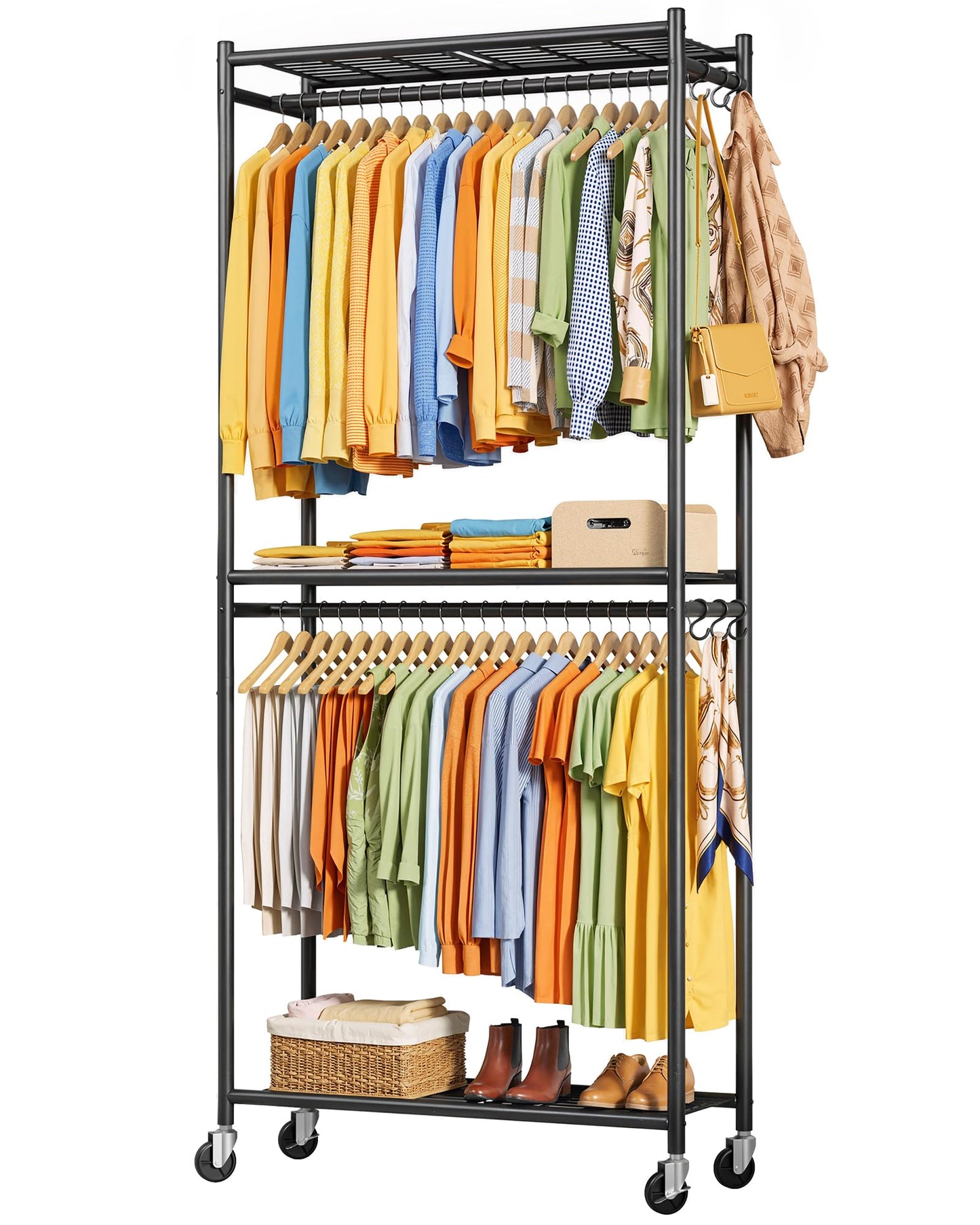 Sakugi Metal Clothing Rack Shelves Hooks & Wheels, 84x31x202cm, Black