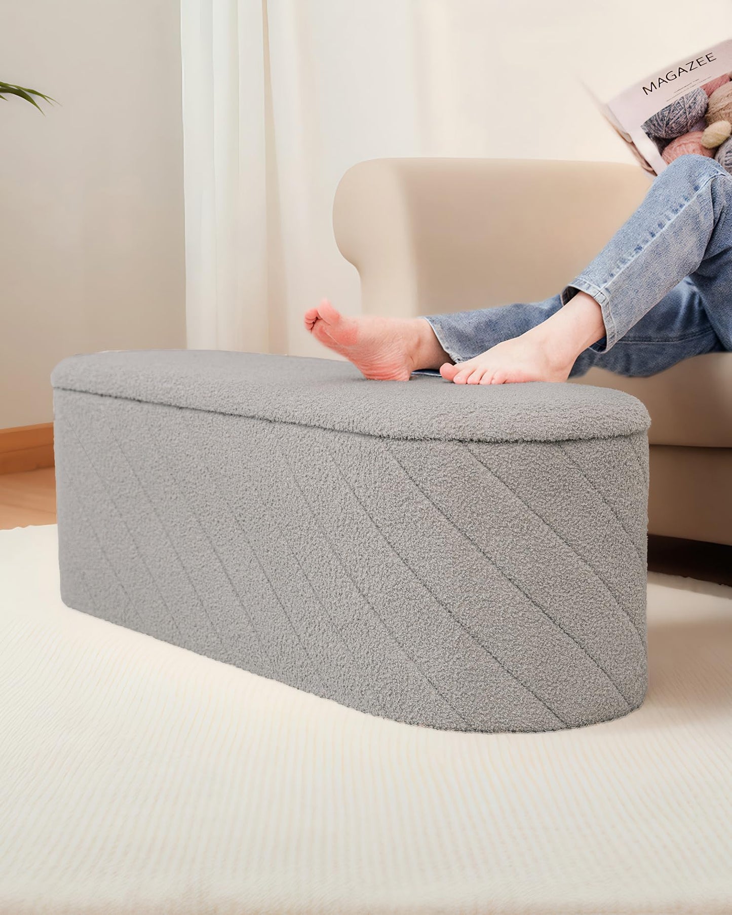 Bonlife Oval Ottoman with Storage Bench, Folding Foot Rest with Lid, Boucle End of Bed Bench,Foostool for Living