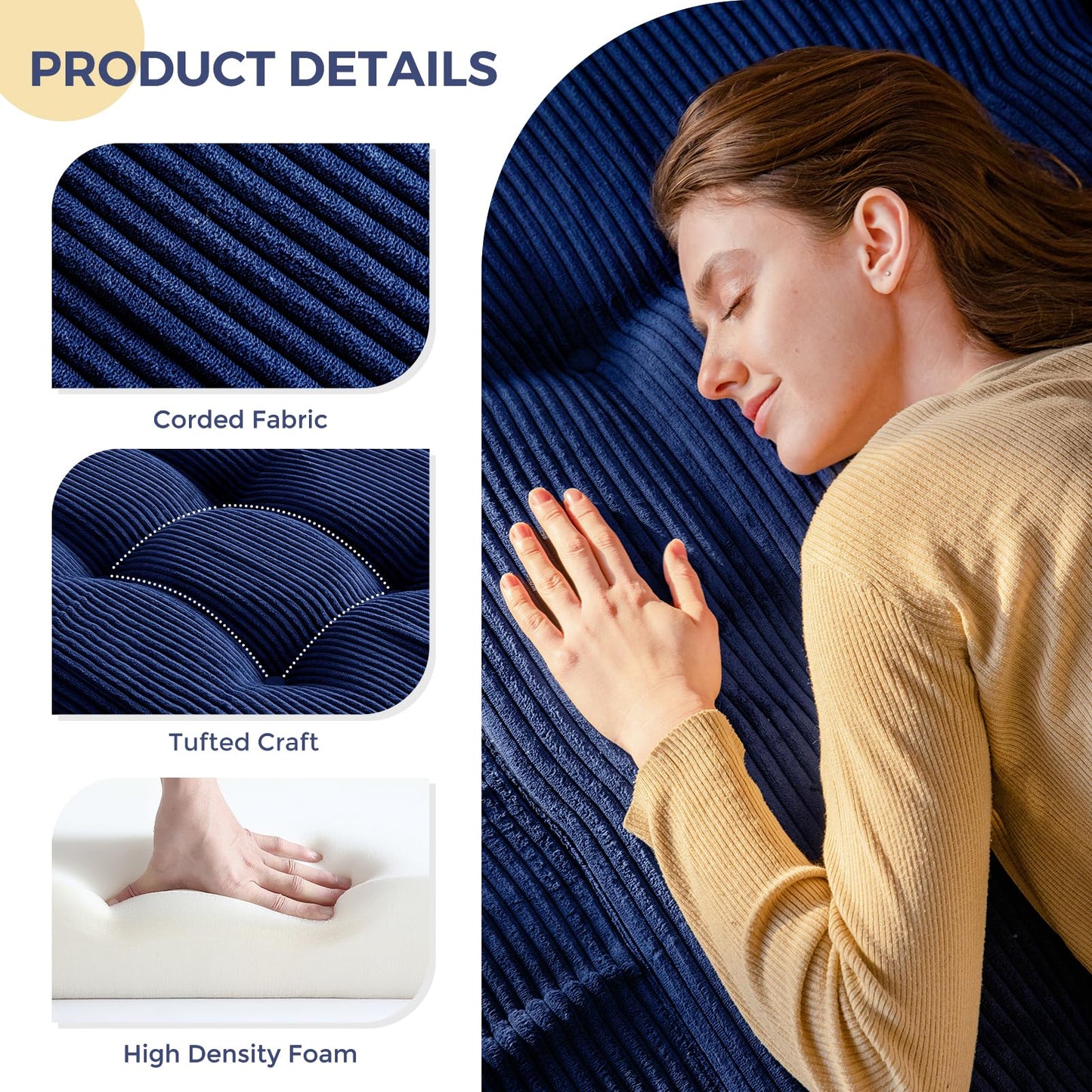 MAXYOYO Folding Mattress, Comfy Corduroy Foldable Mattress with 15cm Thicken Foam, Tri-Fold Floor Futon Sofa Bed for Guest,Dark blue,Small Single